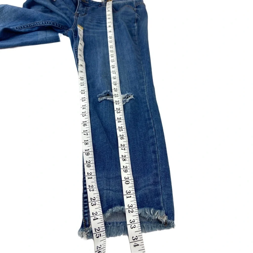 Free People Jeans Sz 29 Crop Straight Raw Fray Hem Busted Knees Dark Wash Blue